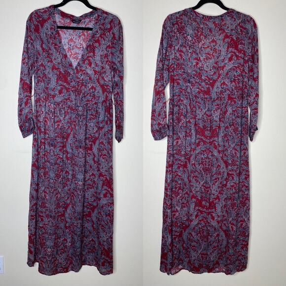 Lucky Brand Burgundy Black Floral Print Long Sleeve Maxi Midi Dress Womens - Picture 1 of 3